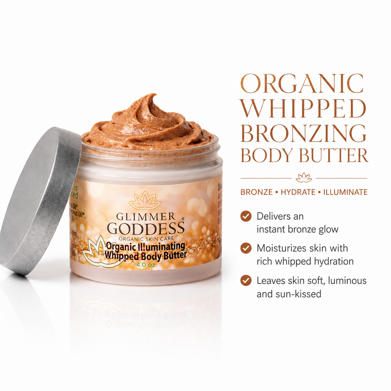 Organic Whipped Bronzing Body Butter – Shimmering Body Moisturizer with Instant Bronze Glow