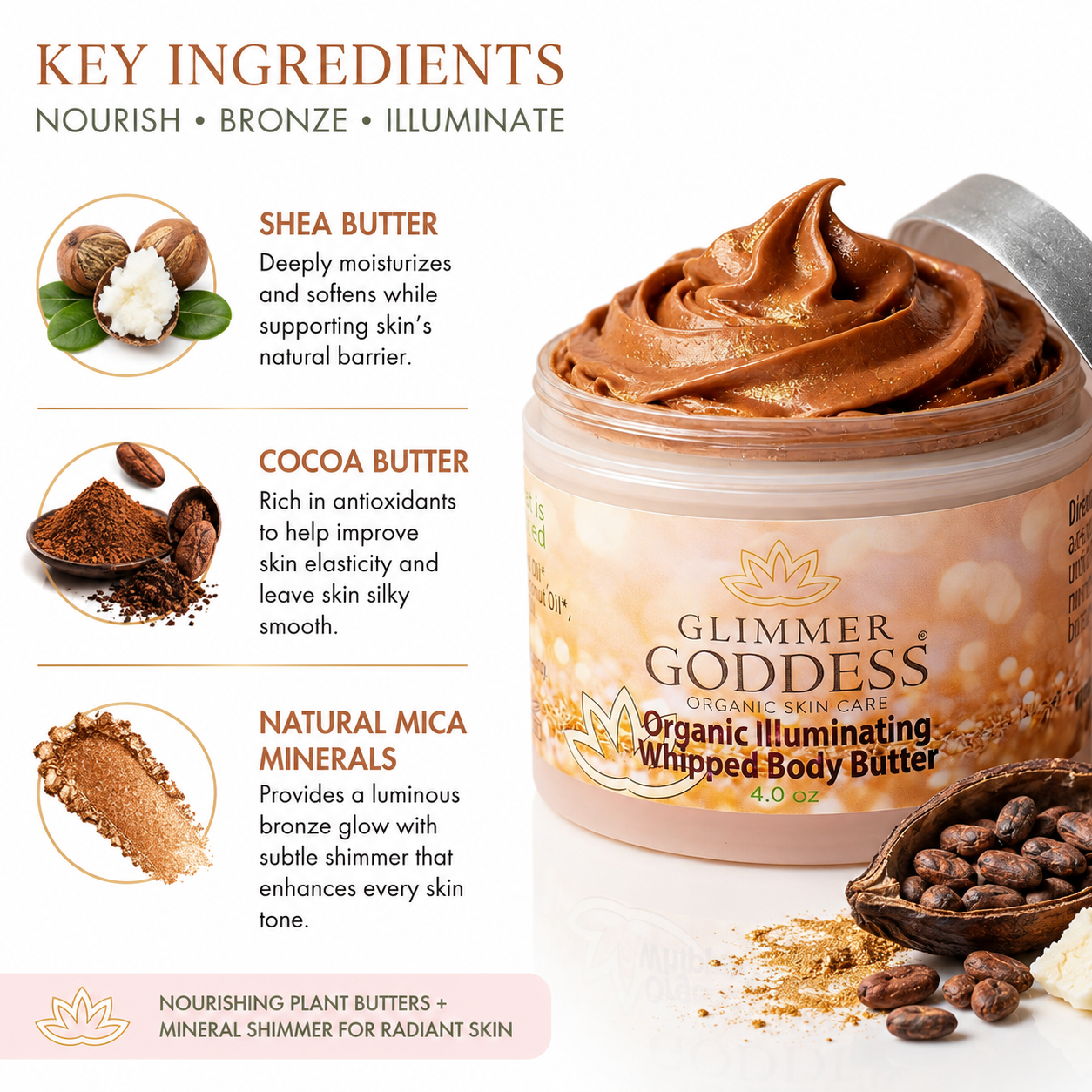 Organic Whipped Bronzing Body Butter – Shimmering Body Moisturizer with Instant Bronze Glow