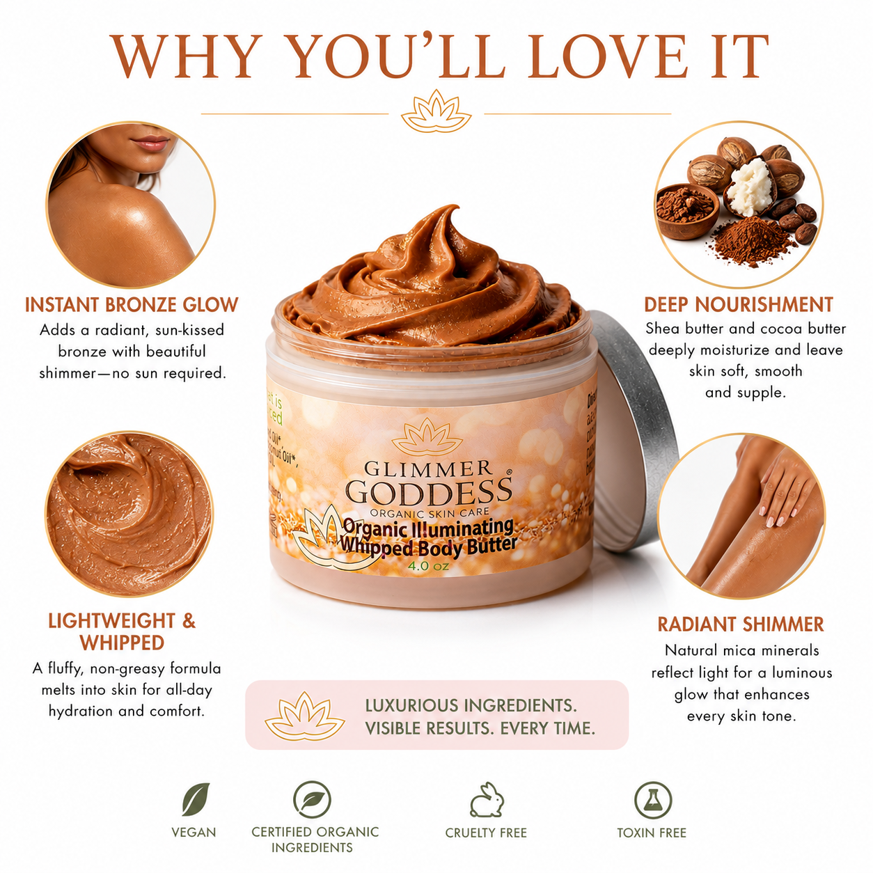 Organic Whipped Bronzing Body Butter – Shimmering Body Moisturizer with Instant Bronze Glow