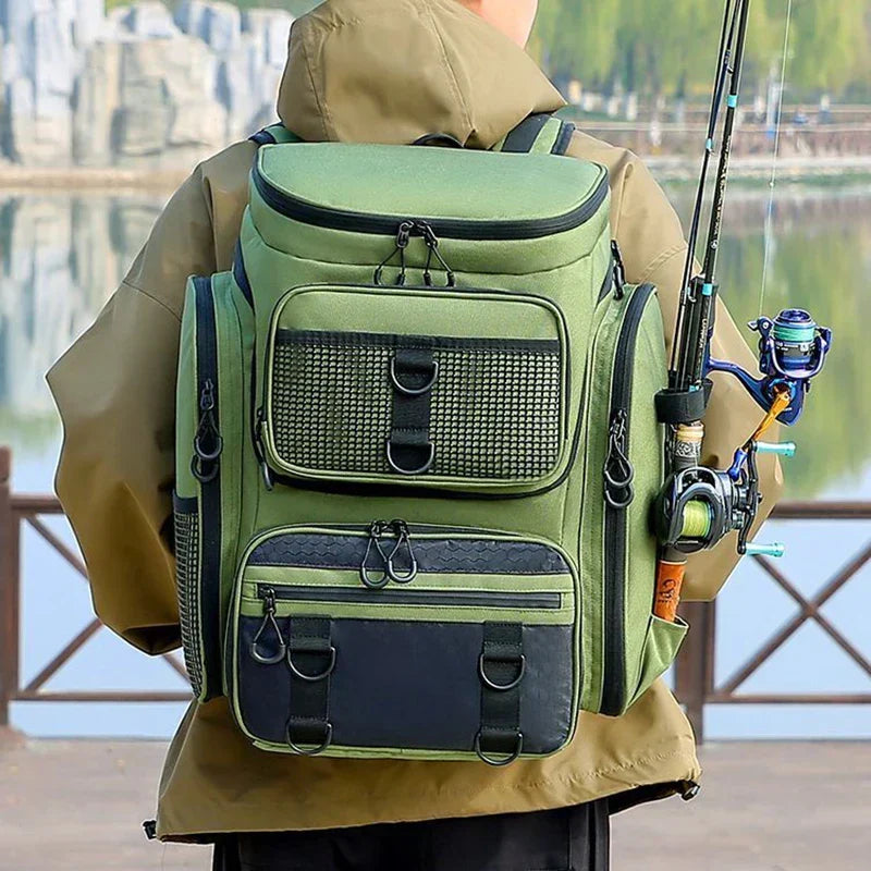 Mochila de Pesca y Camping 50L con Portacañas – Verde