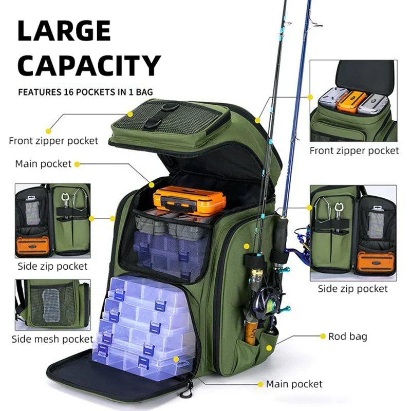 Mochila de Pesca y Camping 50L con Portacañas – Verde