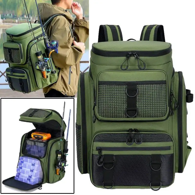 Mochila de Pesca y Camping 50L con Portacañas – Verde