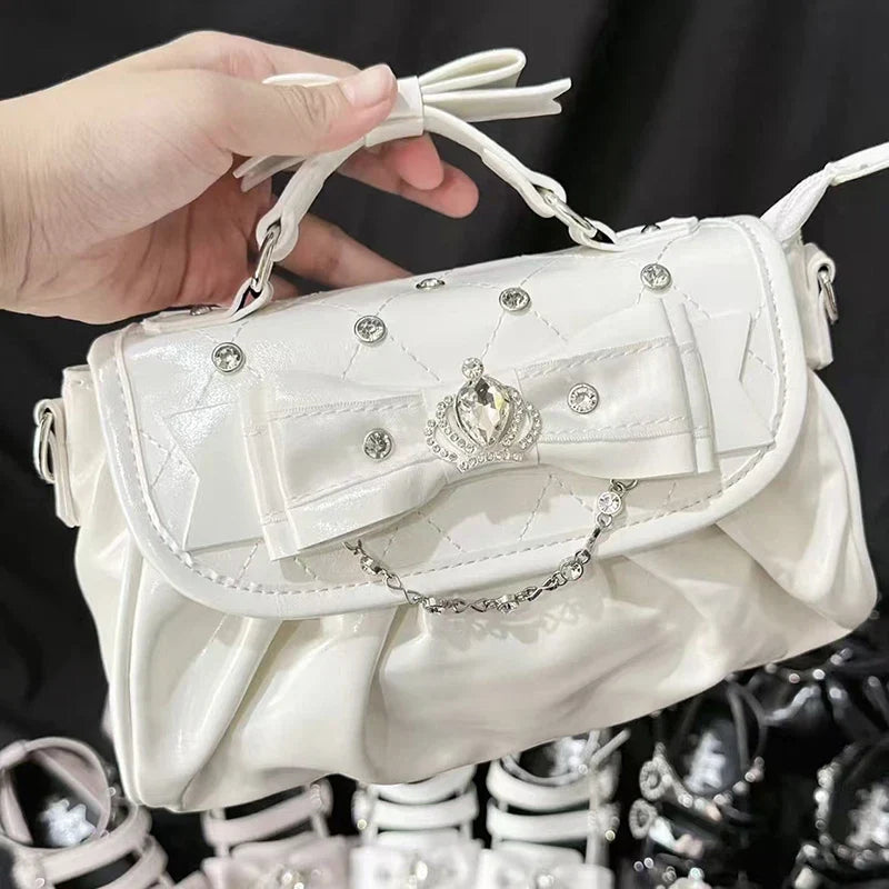 White Bow Rhinestone Shoulder Handbag