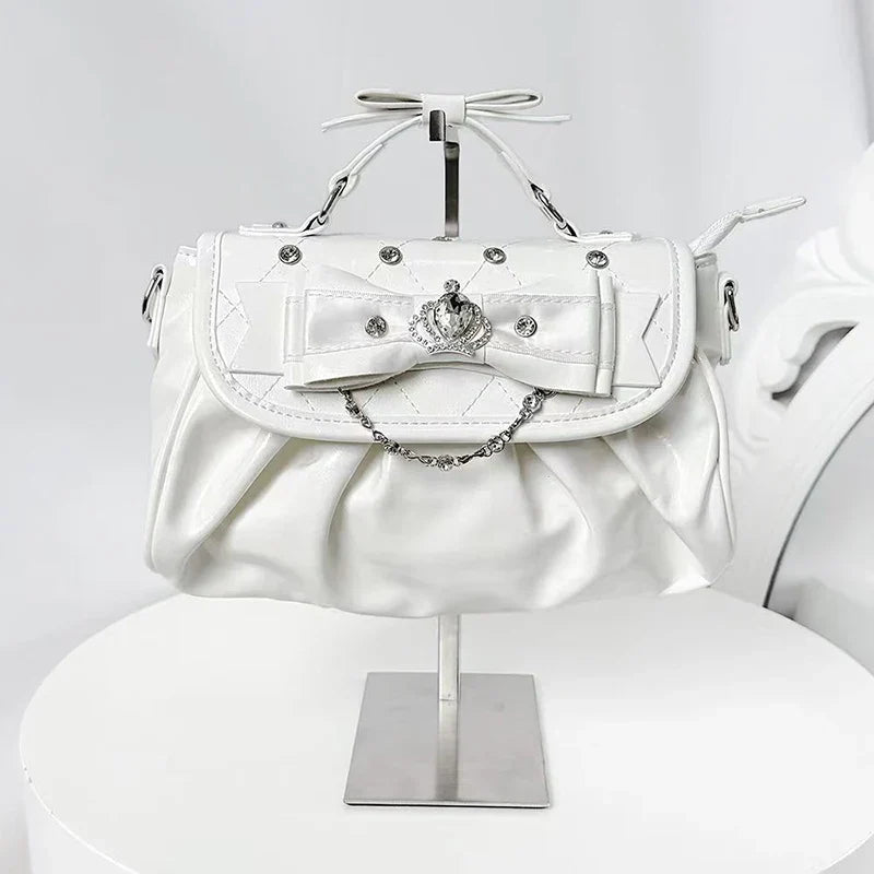 White Bow Rhinestone Shoulder Handbag
