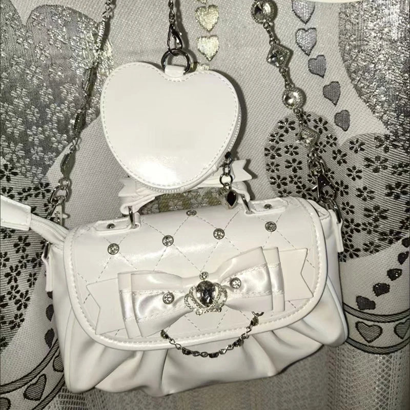 White Bow Rhinestone Shoulder Handbag