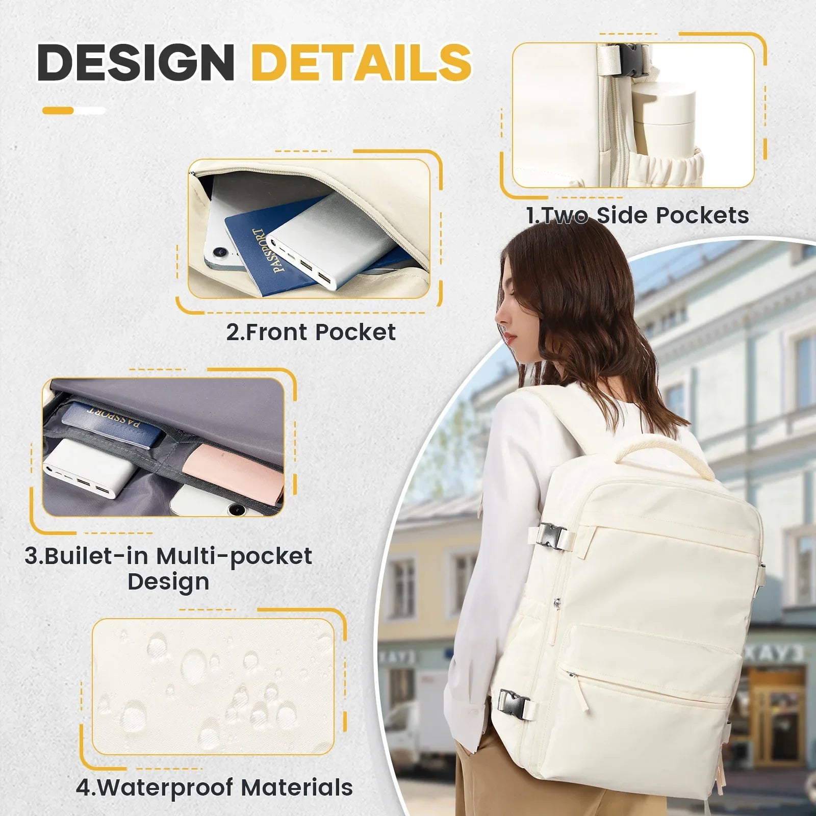 Mochila para Laptop 40×20×25cm Beige – Aprobada para Cabina de Avión